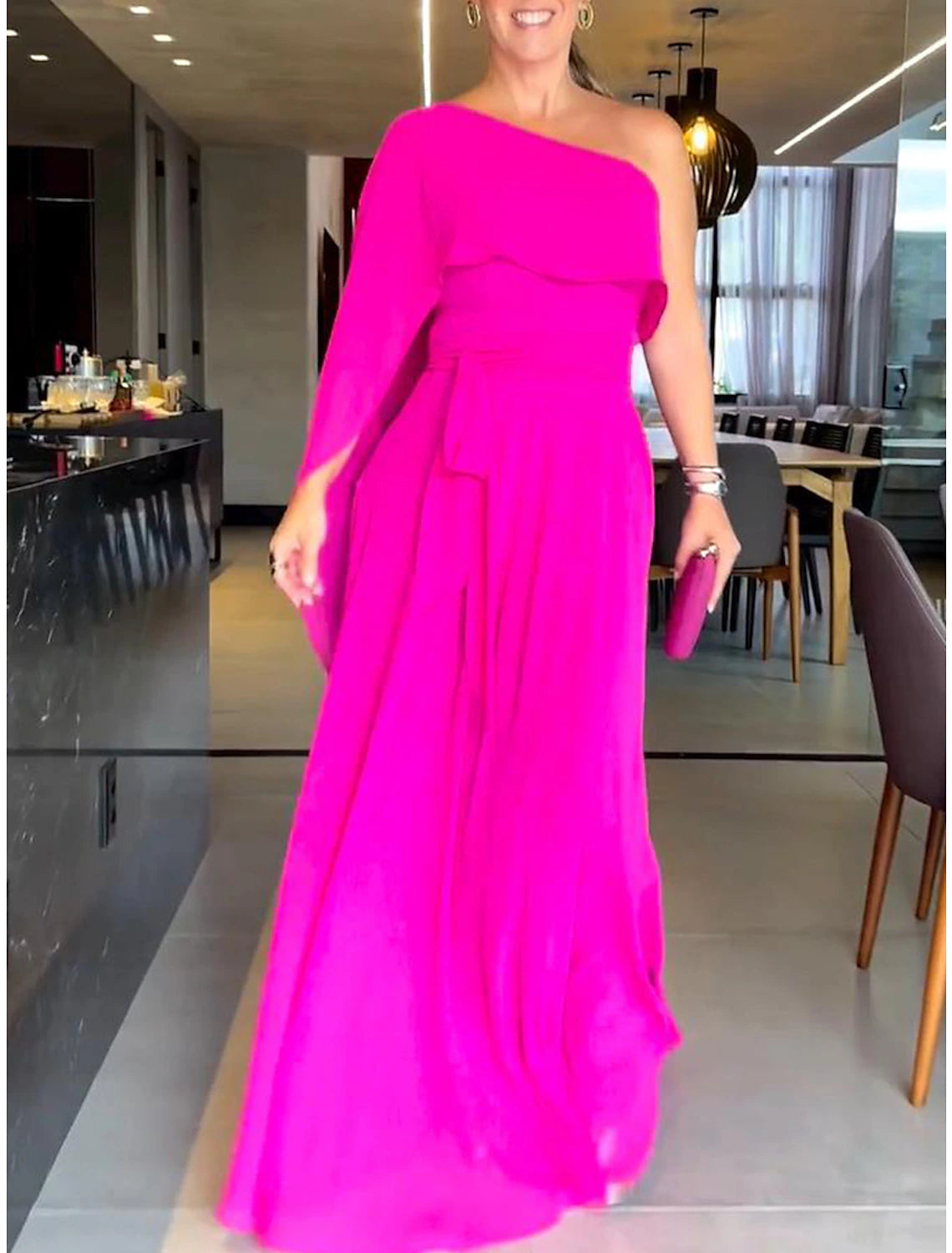 Women's Prom Dress Party Dress Wedding Guest Dress Long Dress Maxi Dress Fuchsia 3/4 Length Sleeve Pure Color Lace up Spring Fall Winter One Shoulder Fashion Winter Dress Evening Party Wedding Guest