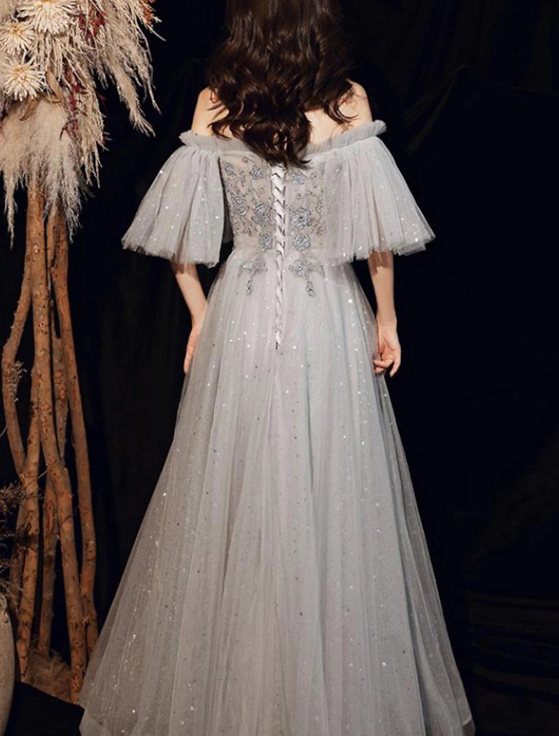 A-Line Prom Dresses Glittering Dress Engagement Formal Evening Floor Length Half Sleeve Off Shoulder Tulle with Pleats Beading Sequin