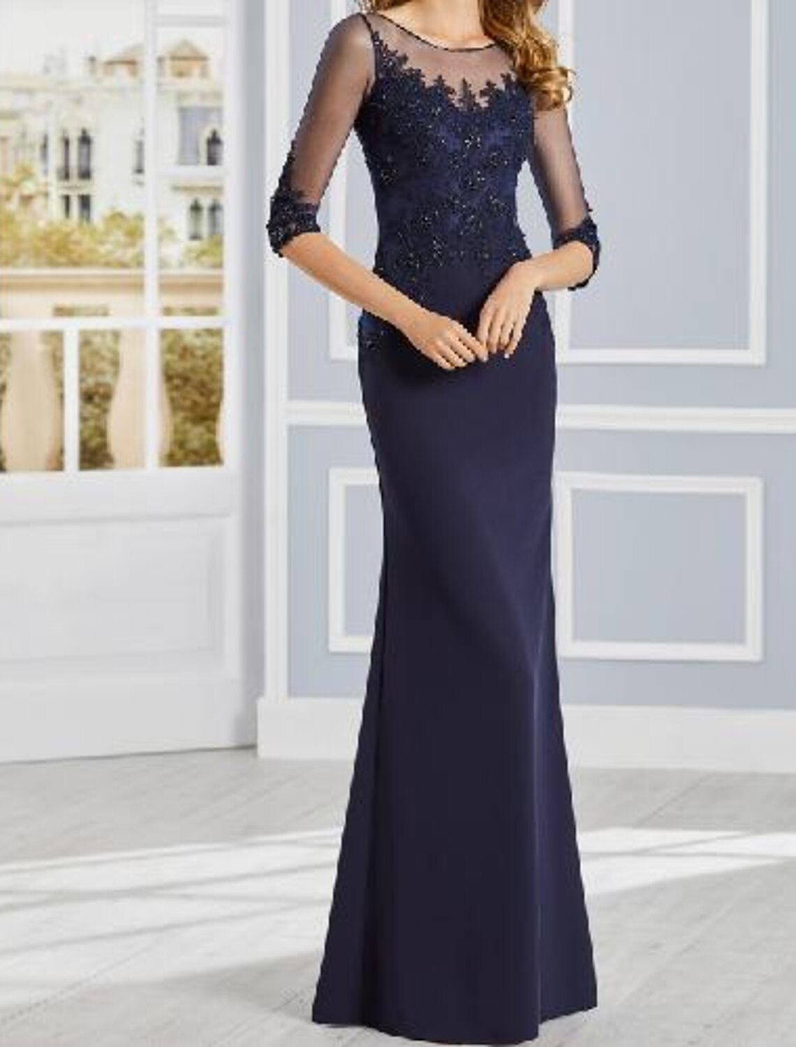 Sheath / Column Mother of the Bride Dress Elegant Illusion Neck Floor Length Stretch Fabric Half Sleeve with Lace Appliques