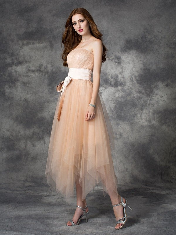 A-line/Princess Strapless Bowknot Sleeveless Long  Woven Satin Dresses