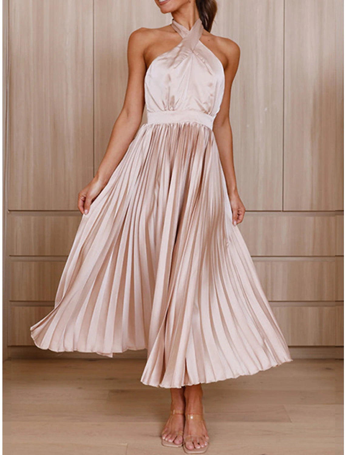 Women's Prom Dress Party Dress Wedding Guest Dress Long Dress Maxi Dress Black Pink Royal Blue Sleeveless Plain Pleated Summer Spring Fall Halter Neck Elegant Wedding Guest Birthday Evening Party