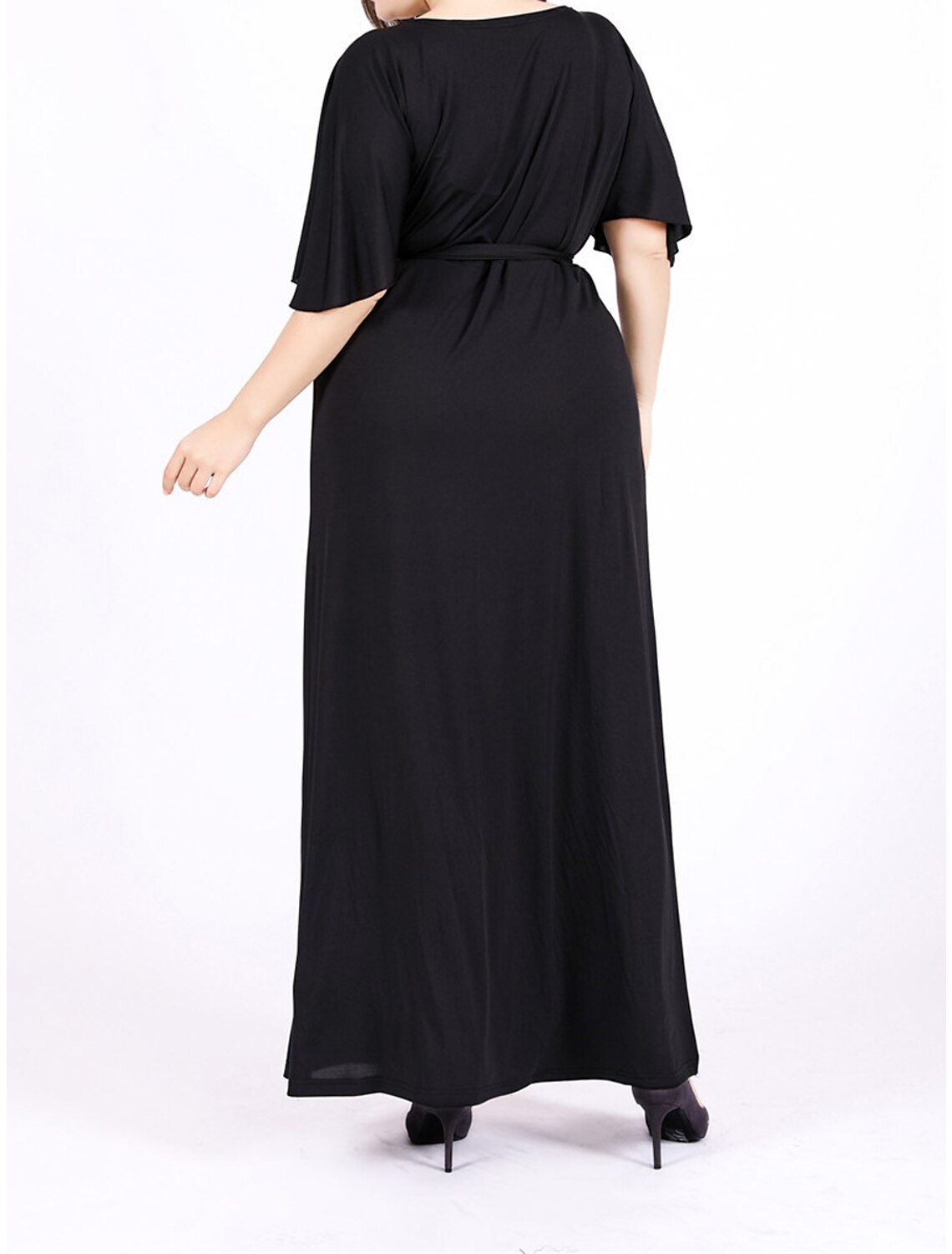 Women's Plus Size Black Dress Prom Dress Party Dress Long Dress Maxi Dress Black Short Sleeve Plain Lace up Summer Spring Fall V Neck Elegant Wedding Guest Birthday Evening Party