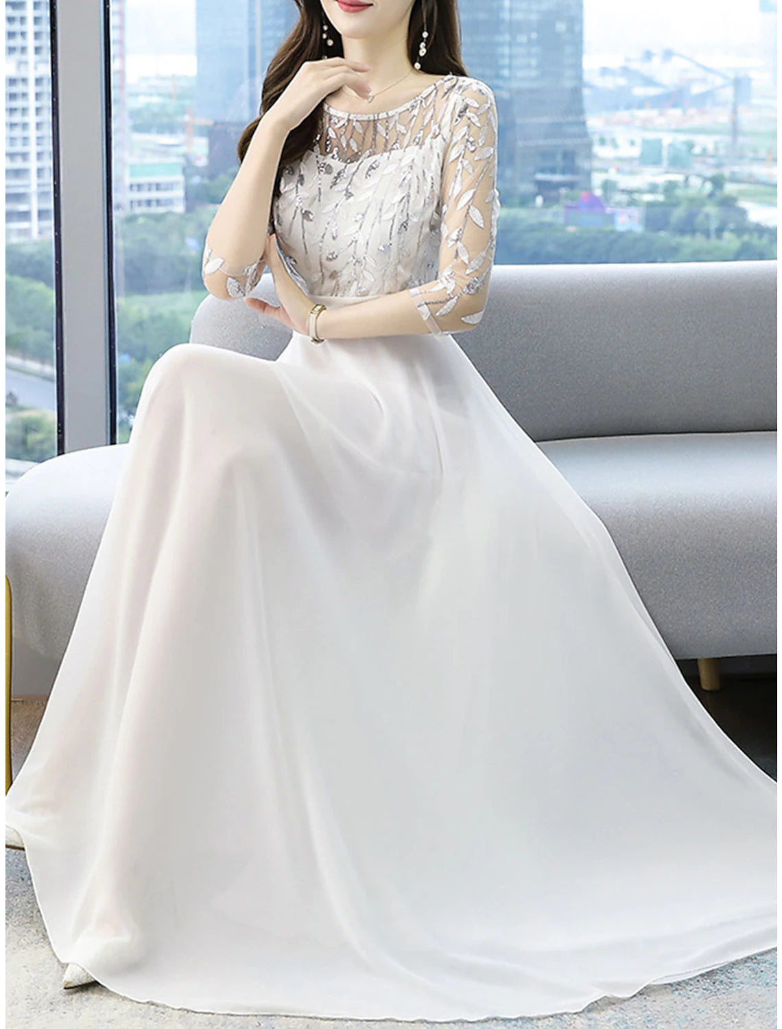 Women's Prom Dress Party Dress Sheath Dress Long Dress Maxi Dress White Yellow Red Half Sleeve Color Block Ruched Summer Spring Fall Crew Neck Fashion Birthday Evening Party Wedding Guest Slim