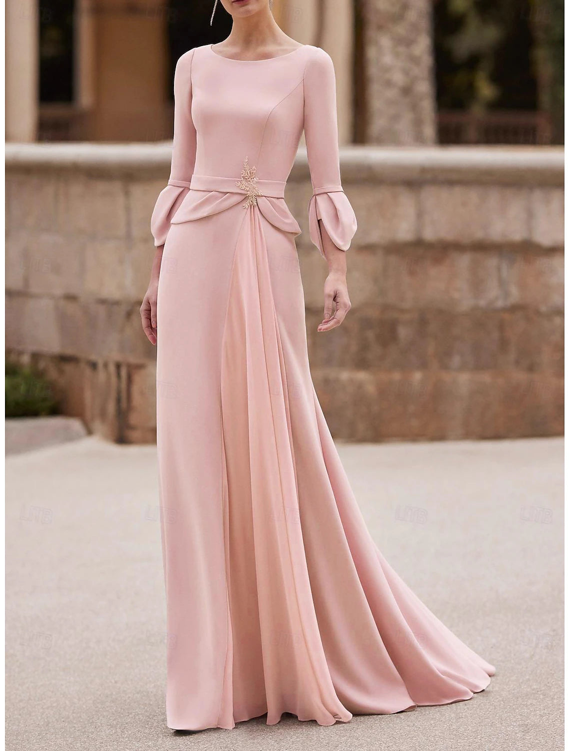 Buyishang Mermaid / Trumpet Mother of the Bride Dress Wedding Guest Elegant Jewel Neck Floor Length Chiffon Crepe 3/4 Length Sleeve with Crystal Brooch stretch dress free custom size