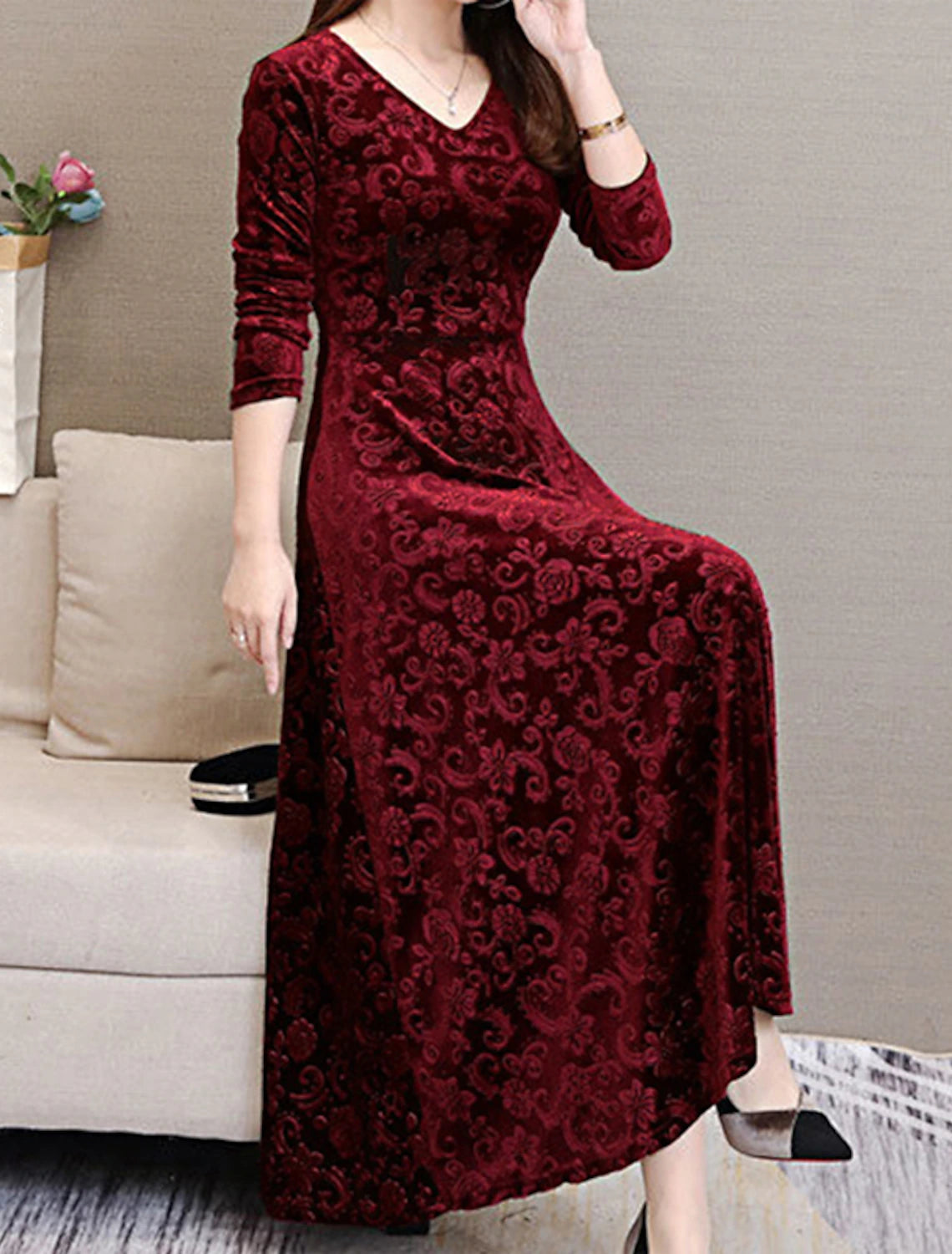 Women's Party Dress Velvet Dress Swing Dress New Year's Eve Dress Midi Dress Black Red Green Long Sleeve Floral Jacquard Spring Fall Winter V Neck Winter Dress