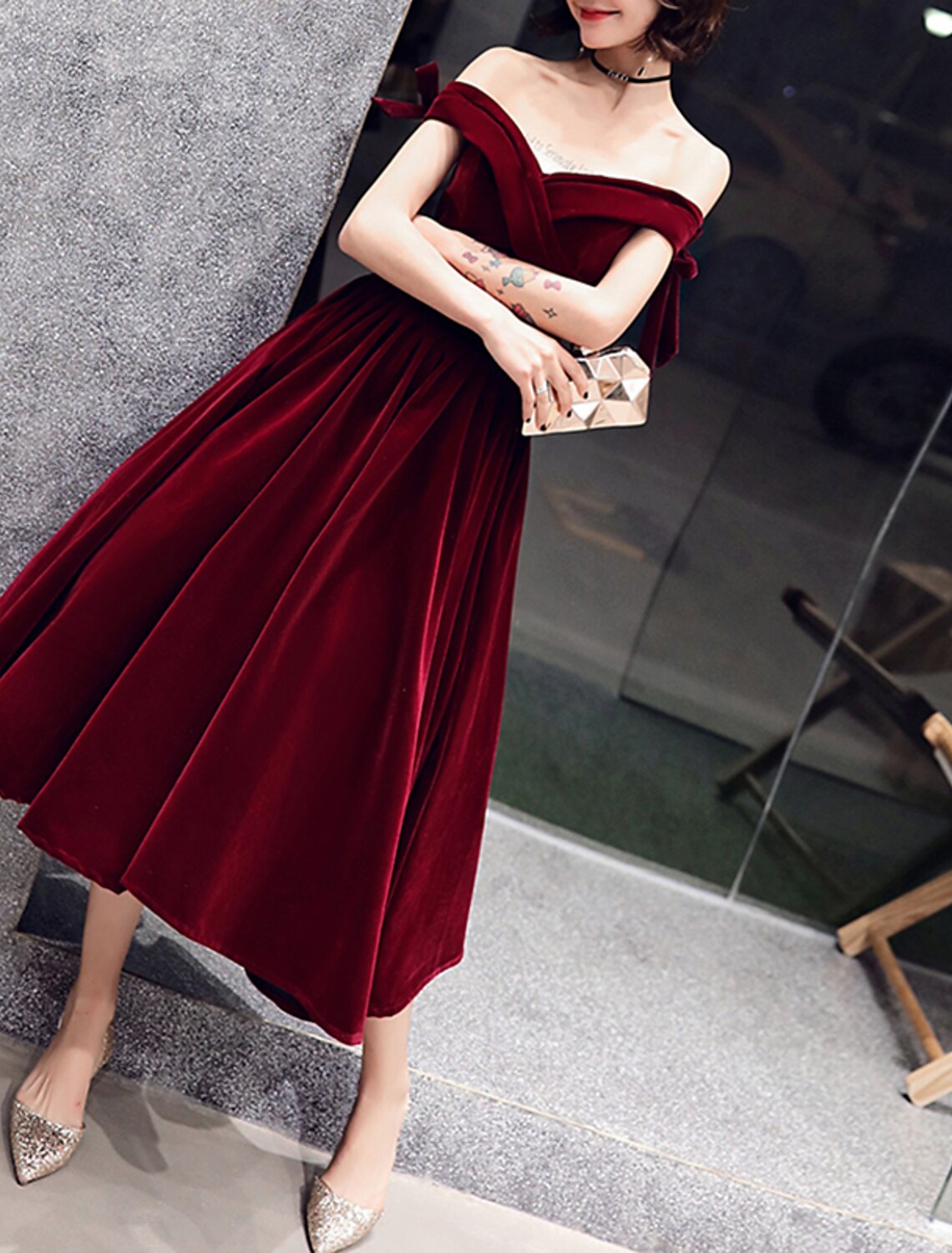 A-Line Cocktail Dresses Hot Dress Wedding Guest Cocktail Party Tea Length Short Sleeve Off Shoulder Velvet with Bow(s)