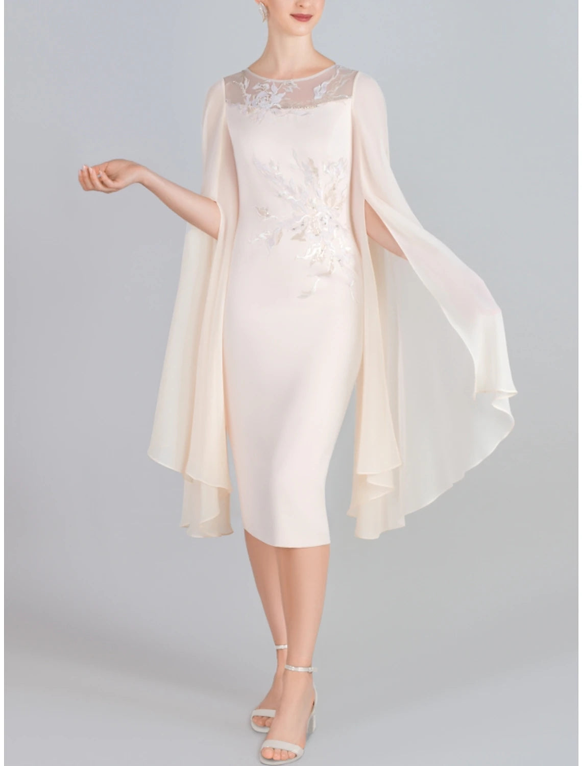 Sheath / Column Mother of the Bride Dress Wedding Guest Elegant Petite Scoop Neck Tea Length Chiffon Lace Long Sleeve with Split Front Ruching Solid Color