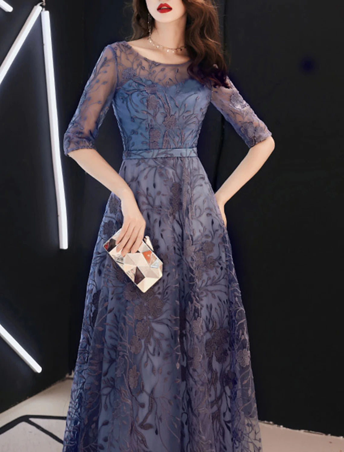 A-Line Evening Gown Floral Dress Wedding Guest Formal Evening Floor Length Half Sleeve Jewel Neck Tulle with Embroidery Pattern / Print