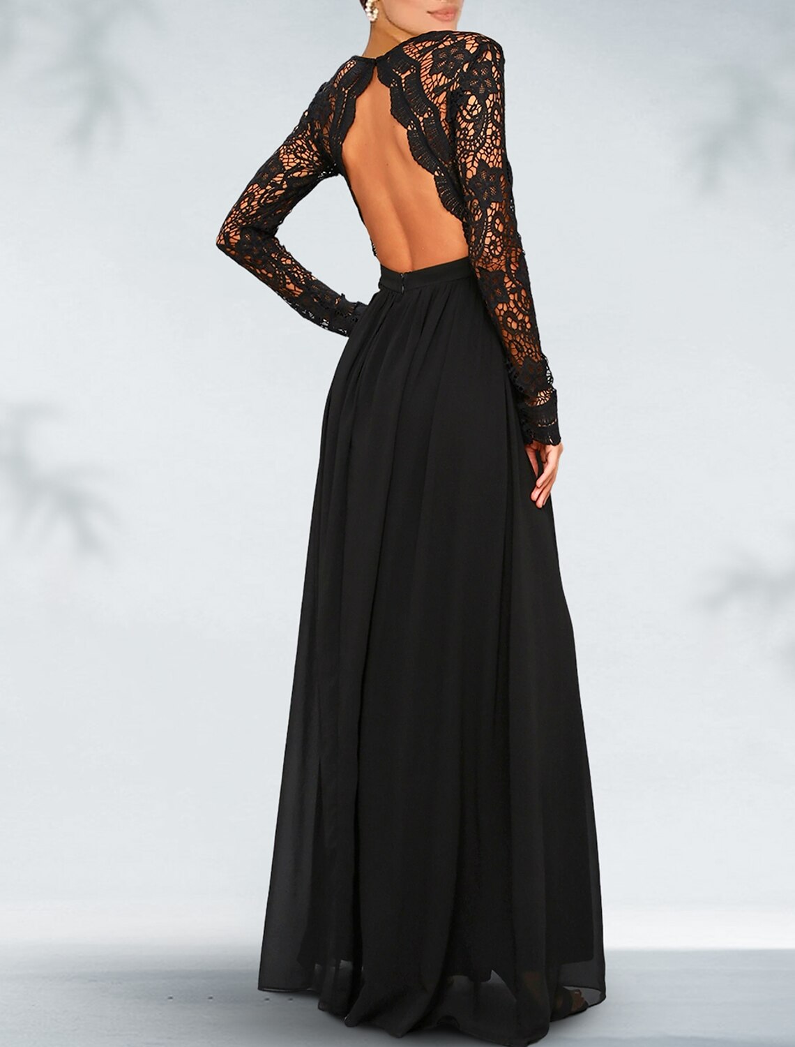 A-Line Evening Dress Black Dress Plus Size Open Back Dress Formal Wedding Guest Floor Length Long Sleeve V Neck Gothic Chiffon with Pleats