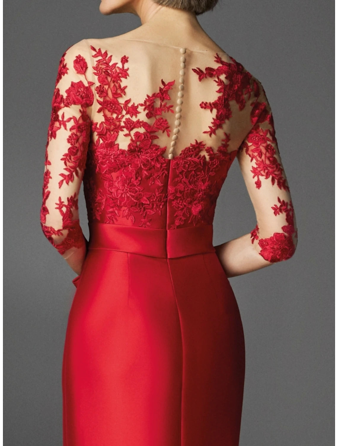 Mermaid Evening Gown Elegant Dress Red Green Dress Floor Length 3/4 Length Sleeve Illusion Neck Fall Wedding Guest Satin with Appliques