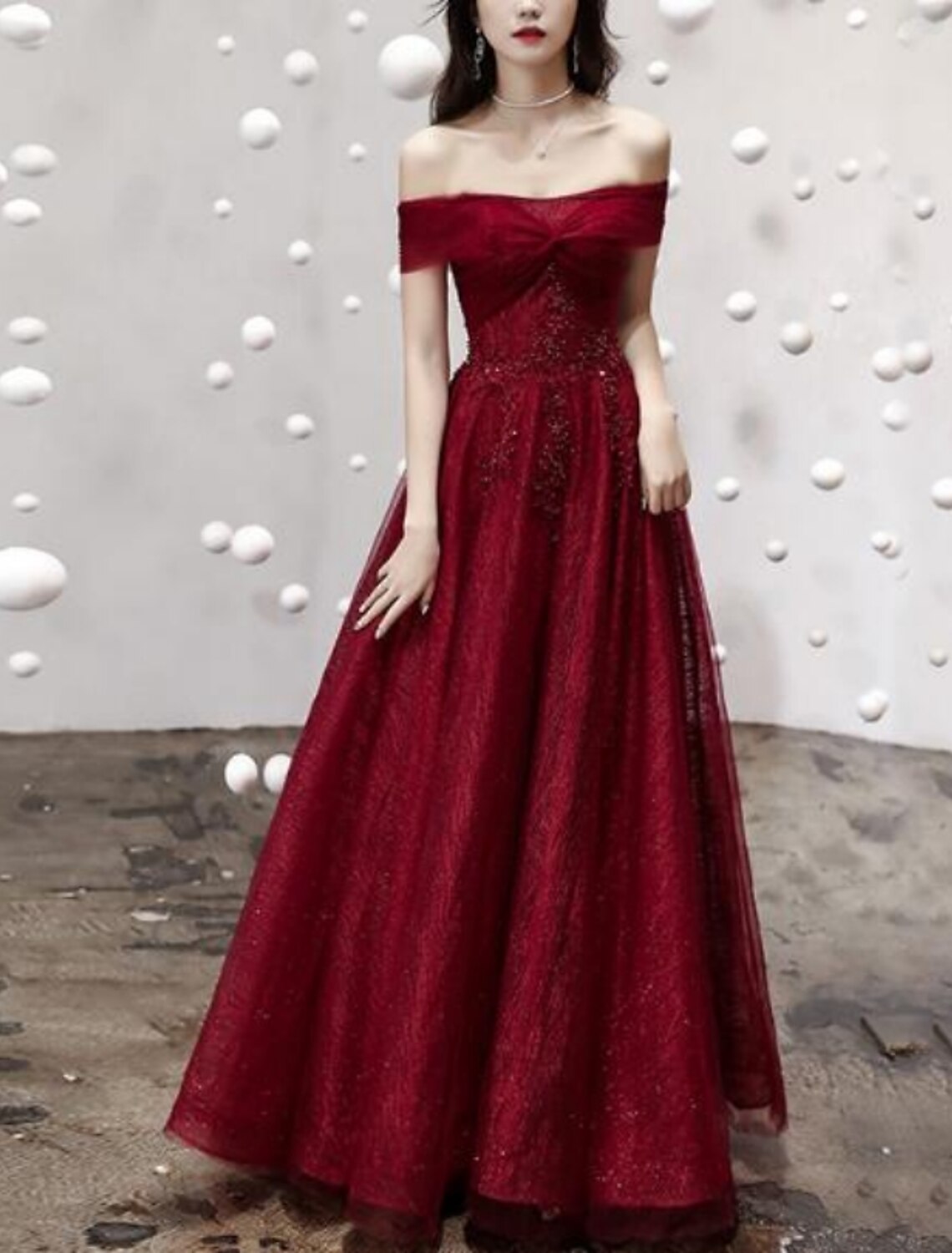 A-Line Luxurious Sparkle Engagement Prom Dress Off Shoulder Short Sleeve Floor Length Tulle with Sequin Appliques