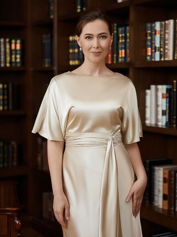 Sheath/Column  Woven Satin Ruched Scoop Short Sleeves Tea-Length Mother of the Bride Dresses