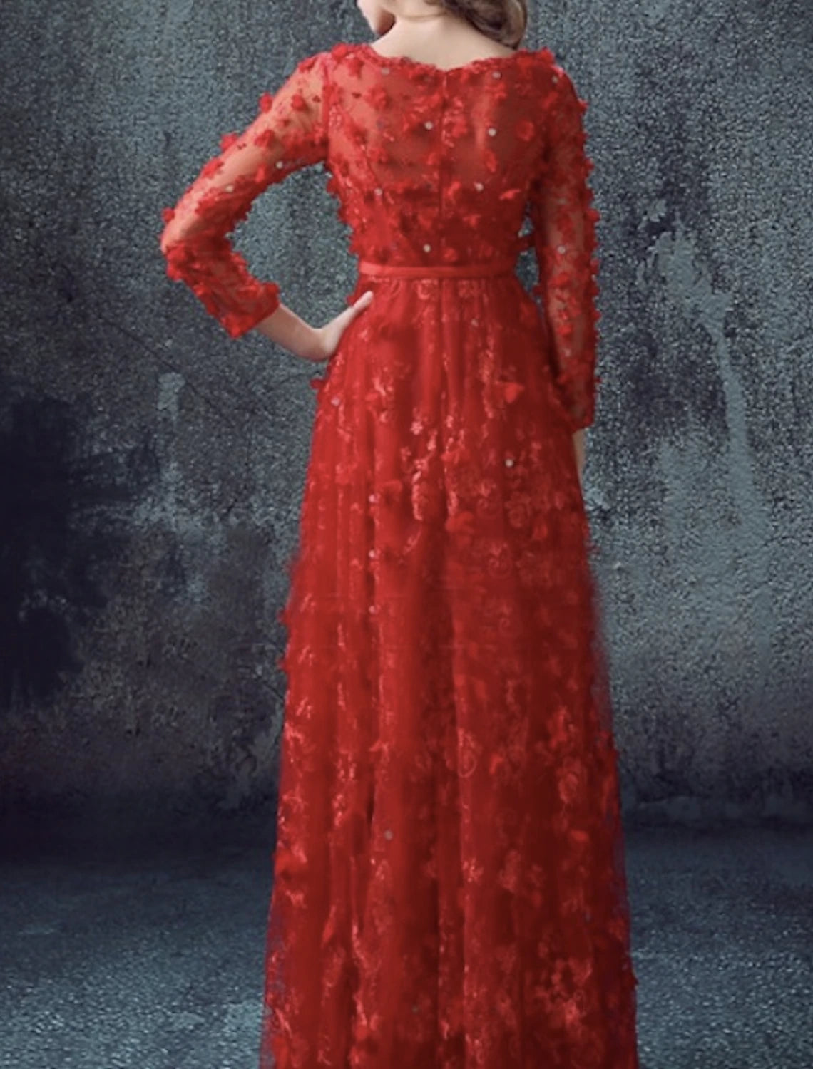 A-Line Glittering Elegant Floral Engagement Formal Evening Valentine's Day Dress Jewel Neck 3/4 Length Sleeve Floor Length Tulle with Sequin Appliques