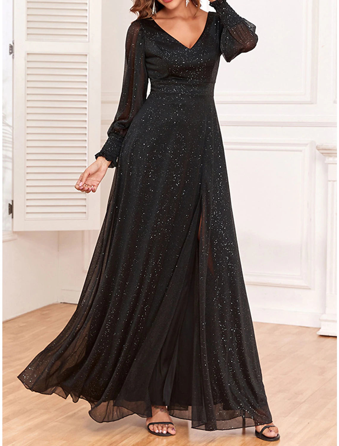 Women's Black Dress Prom Dress Party Dress Long Dress Maxi Dress Black Long Sleeve Dot Sparkly Spring Fall Winter V Neck Fashion Winter Dress Wedding Guest Evening Party