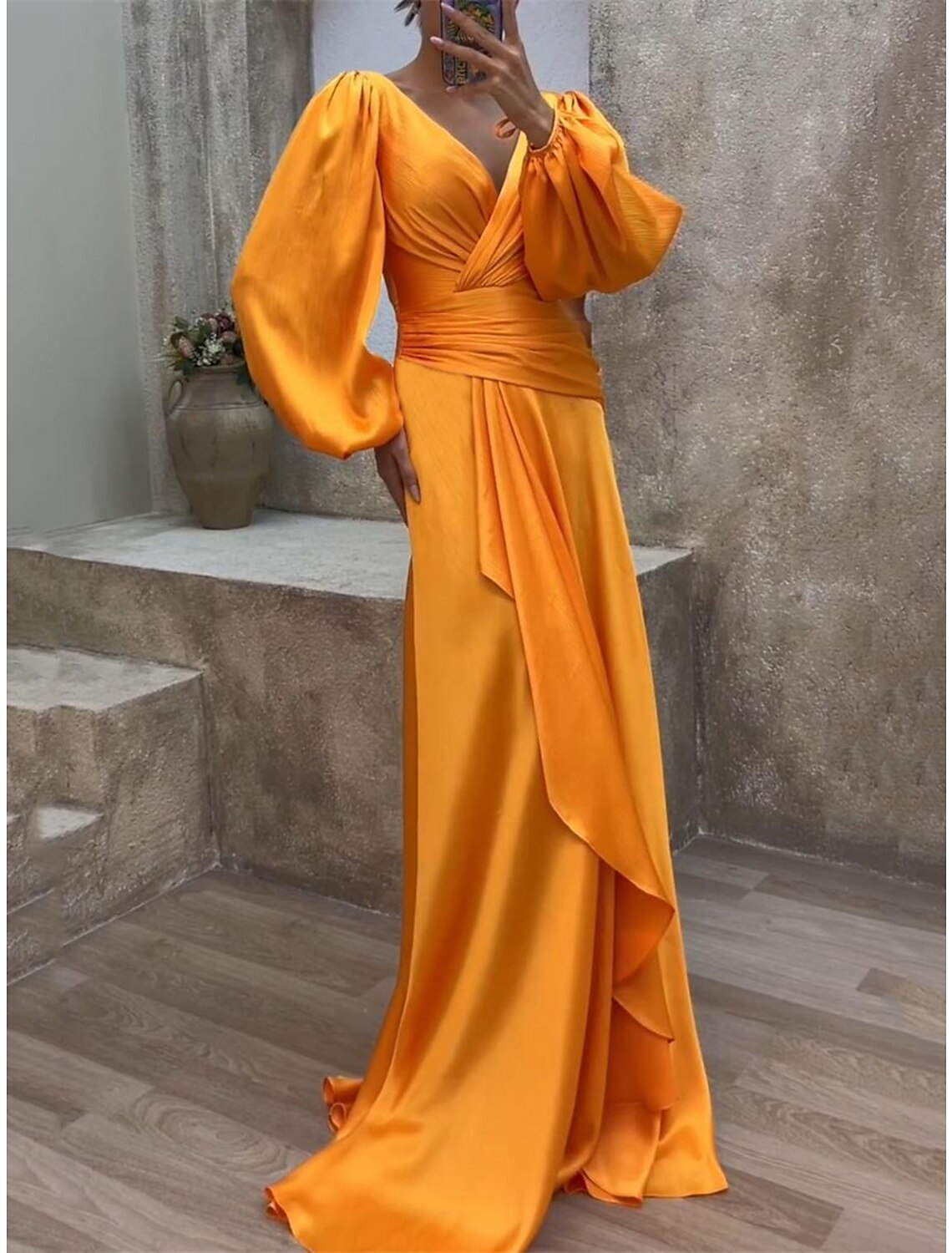 Women's Prom Dress Party Dress Satin Dress Long Dress Maxi Dress Orange Long Sleeve Pure Color Layered Spring Fall Winter V Neck Fashion Winter Dress Evening Party Wedding Guest