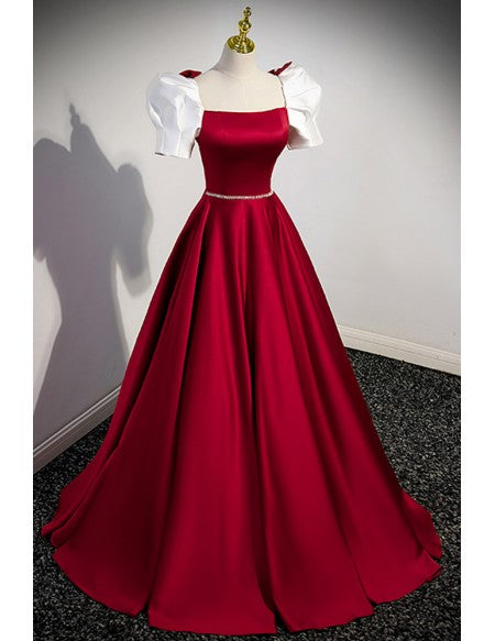Elegant Burgundy Satin Evening Prom Dress with Square Neck