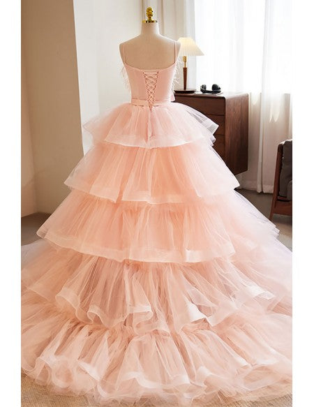 Princess Pink Tulle Ruffle Ballgown Prom Dress with Feathers