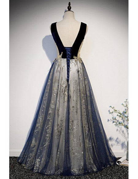 Blue Tulle And Gold Sequins Long Prom Dress Sleeveless