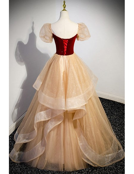 Unique Bling Gold Ruffled Tulle Ballgown Prom Dress with Short Sleeves