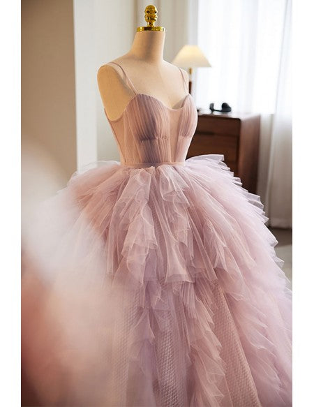 Unique Pink Ruffled Puffy Tulle Ballgown Formal Prom Dress with Straps