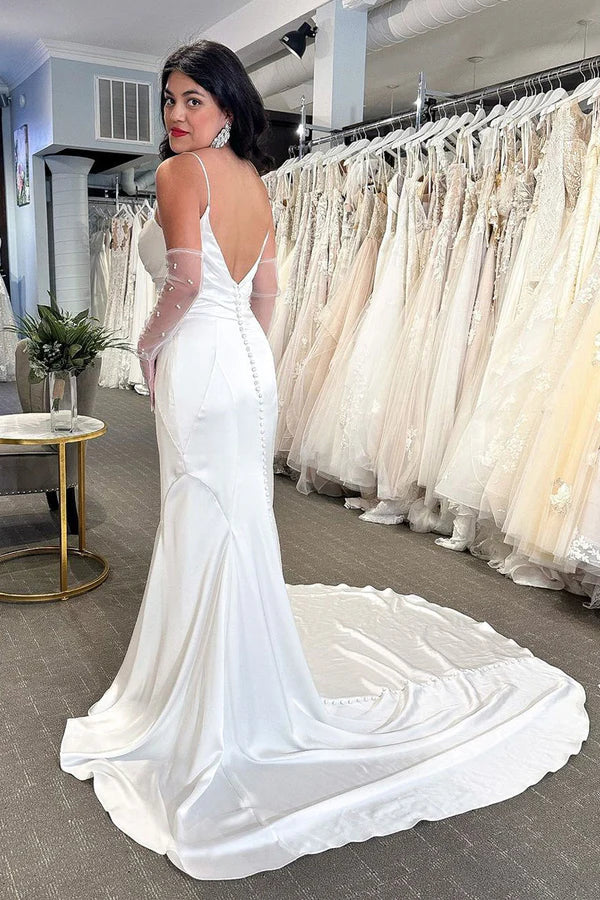Buyishang Mermaid White Cowl Neck Silk Satin Wedding Dresses