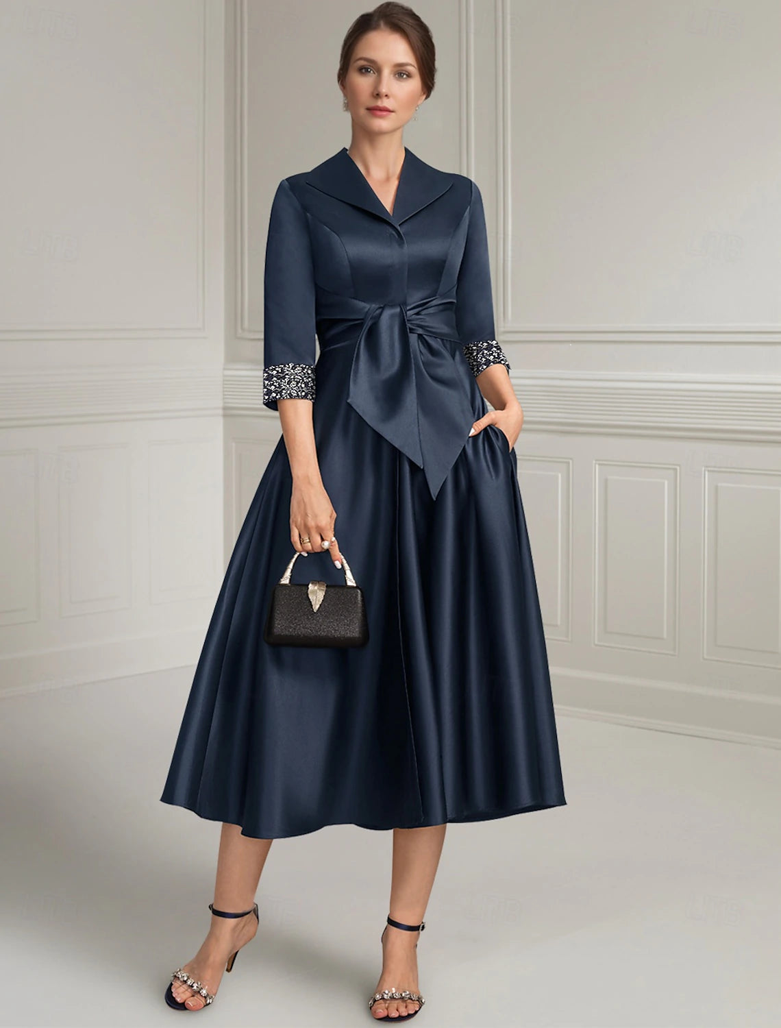 Buyishang Navy Blue A-Line Dress Mother of the Bride Dress Elegant Satin Simple Shirt Collar Tea Length 3/4 Length Sleeve with Sash / Ribbon Beading Solid Color