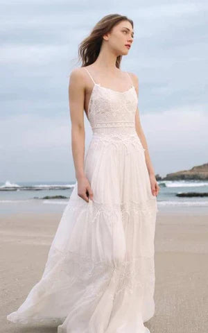 Buyishang Spaghetti Sleeveless Chiffon Beach Boho Wedding Dress