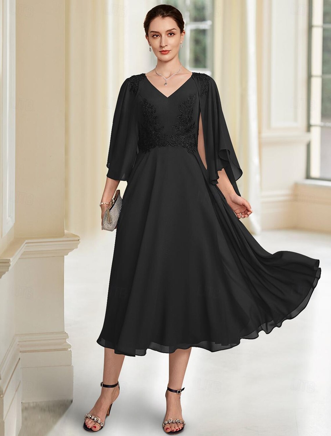 Buyishang A-Line Mother of the Bride Dress Elegant V Neck Tea Length Chiffon 3/4 Length Sleeve with Lace free custom size