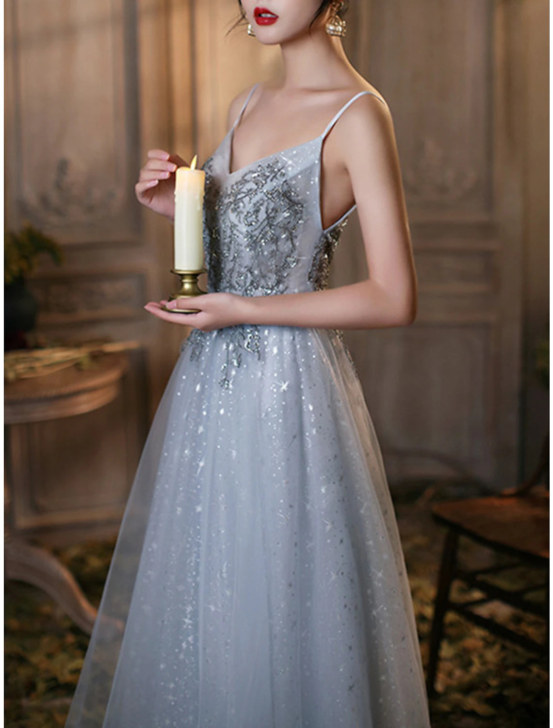 A-Line Prom Dresses Elegant Dress Wedding Guest Prom Floor Length Sleeveless Spaghetti Strap Tulle with Pleats Beading