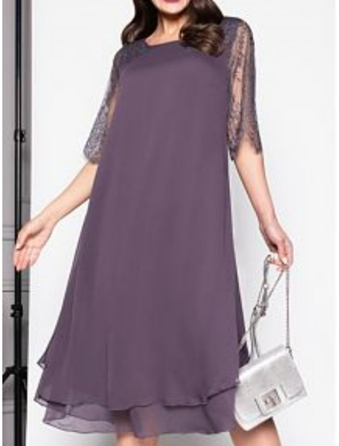 Sheath / Column Mother of the Bride Dress Wedding Guest Simple Elegant Scoop Neck Knee Length Chiffon Half Sleeve with Solid Color