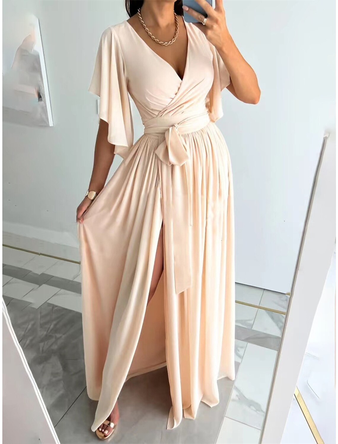 Women's Prom Dress Party Dress Wedding Guest Dress Long Dress Maxi Dress Black Red Blue Half Sleeve Plain Ruched Spring Fall Winter V Neck Elegant Winter Dress Wedding Guest Evening Party