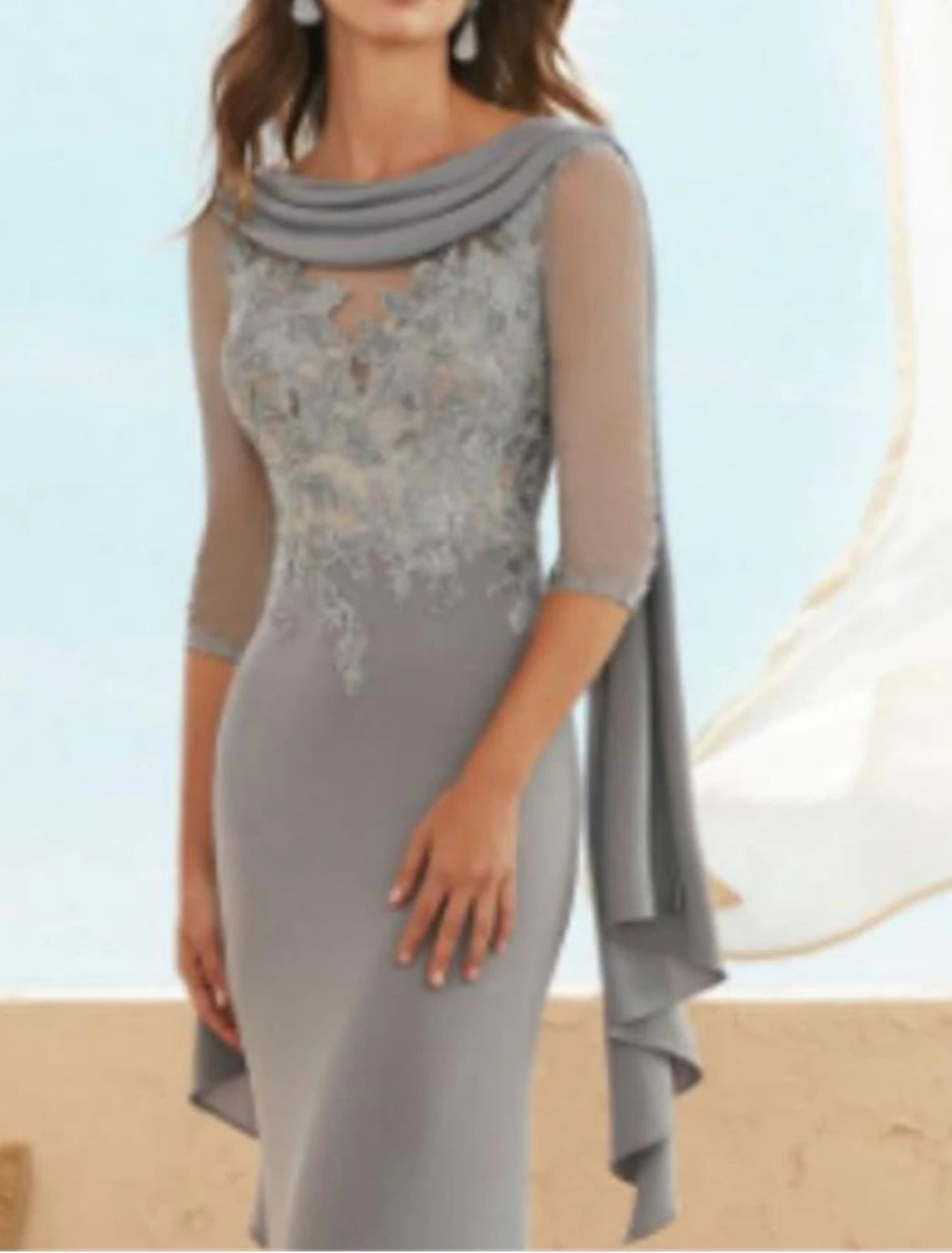 Sheath / Column Mother of the Bride Dress Wedding Guest Plus Size Elegant Jewel Neck Floor Length Chiffon Lace Half Sleeve with Appliques Ruching