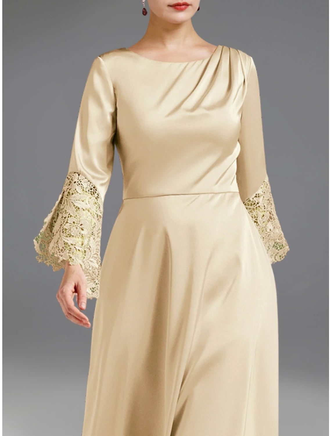 A-Line Mother of the Bride Dress Wedding Guest Elegant Petite Scoop Neck Tea Length Satin Long Sleeve with Lace Ruching