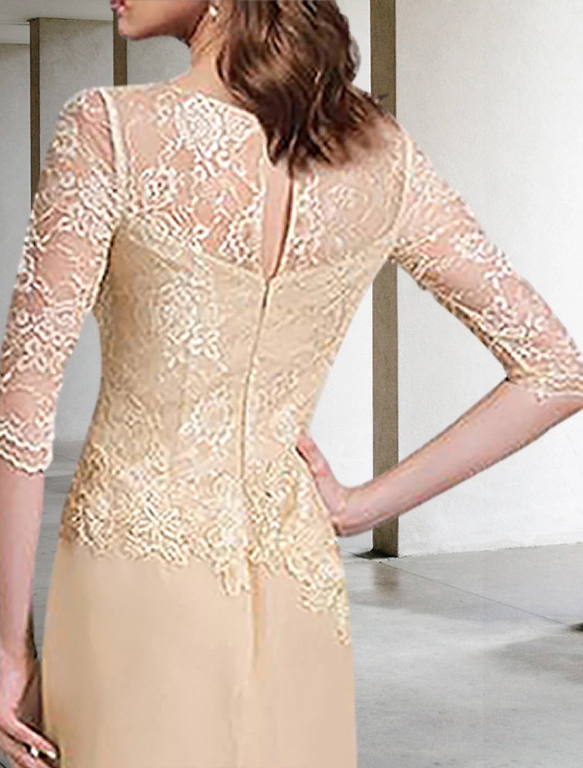 Sheath / Column Mother of the Bride Dress Wedding Guest Elegant Jewel Neck Floor Length Chiffon Half Sleeve with Lace Solid Color Fall