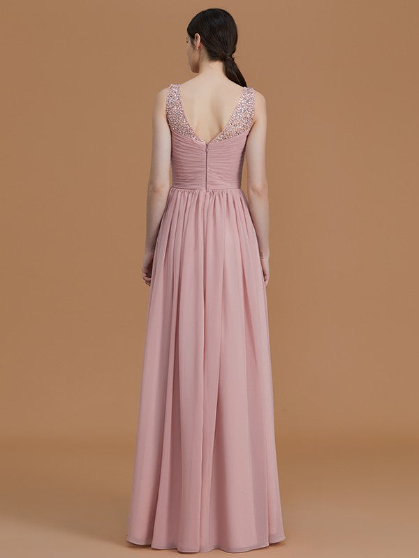 A-Line/Princess V-neck Sleeveless Floor-Length Beading Chiffon Bridesmaid Dresses
