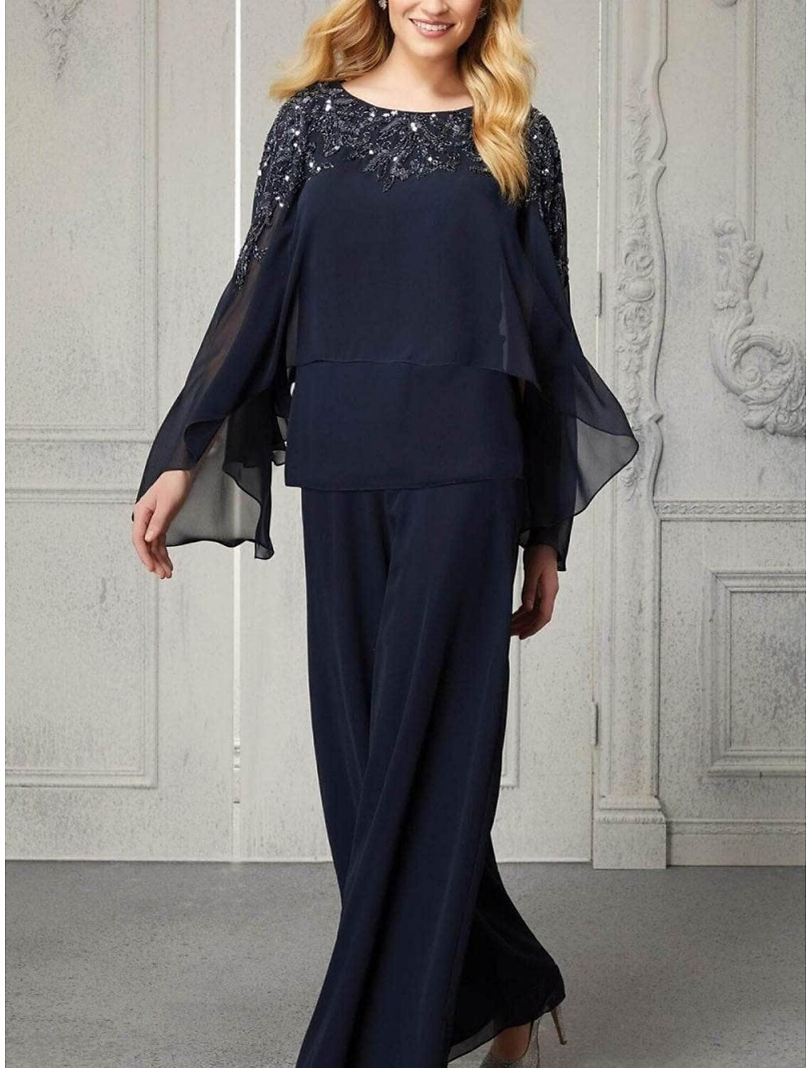 Jumpsuits Mother of the Bride Dress Wedding Guest Elegant Scoop Neck Ankle Length Chiffon Long Sleeve with Lace Sequin