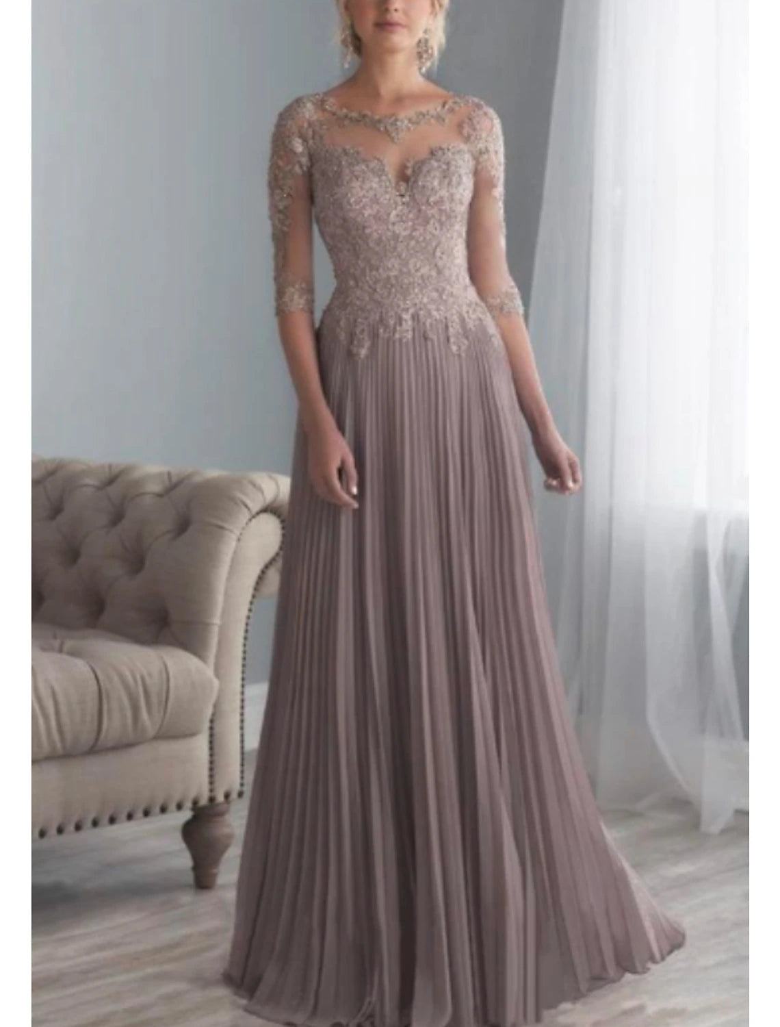 A-Line Mother of the Bride Dress Plus Size Elegant See Through Bateau Neck Sweep / Brush Train Chiffon Lace Half Sleeve with Sash / Ribbon Appliques