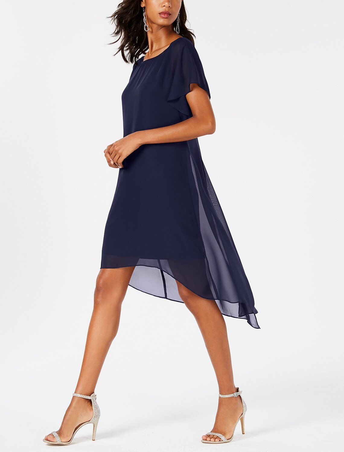 Sheath / Column Mother of the Bride Dress Plus Size Jewel Neck Knee Length Chiffon Short Sleeve with Tier