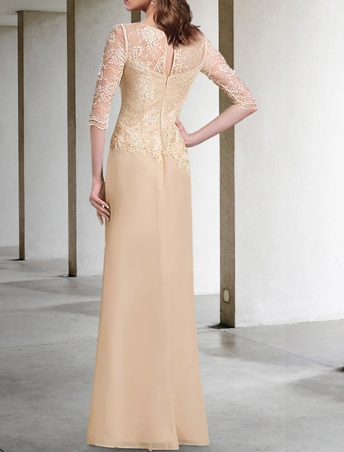 Sheath / Column Mother of the Bride Dress Wedding Guest Elegant Jewel Neck Floor Length Chiffon Half Sleeve with Lace Solid Color Fall