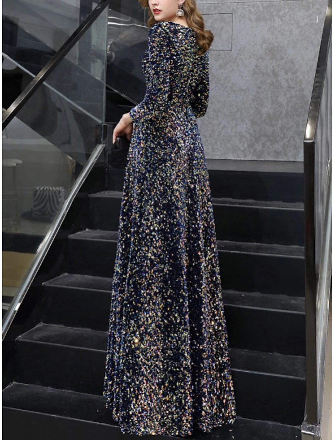 Sheath / Column Mother of the Bride Dress Wedding Guest Elegant Sparkle & Shine Petite Jewel Neck Floor Length Sequined 3/4 Length Sleeve with Pleats