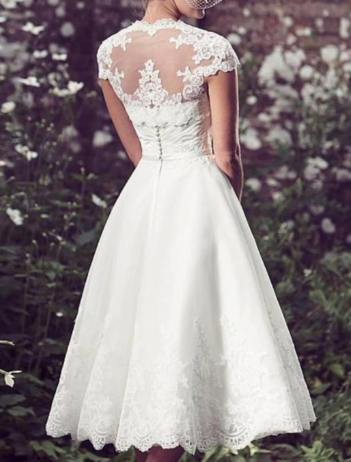 Little White Dresses Wedding Dresses A-Line Sweetheart Cap Sleeve Tea Length Lace Bridal Gowns With Appliques