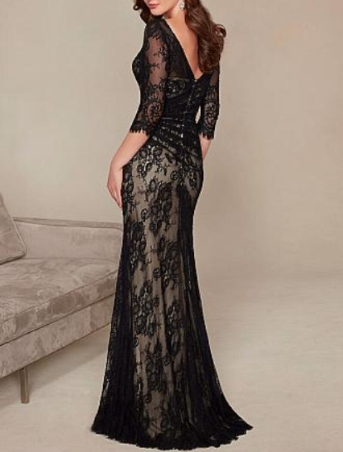 Sheath / Column Open Back Formal Evening Dress Plunging Neck 3/4 Length Sleeve Floor Length Lace with Ruched
