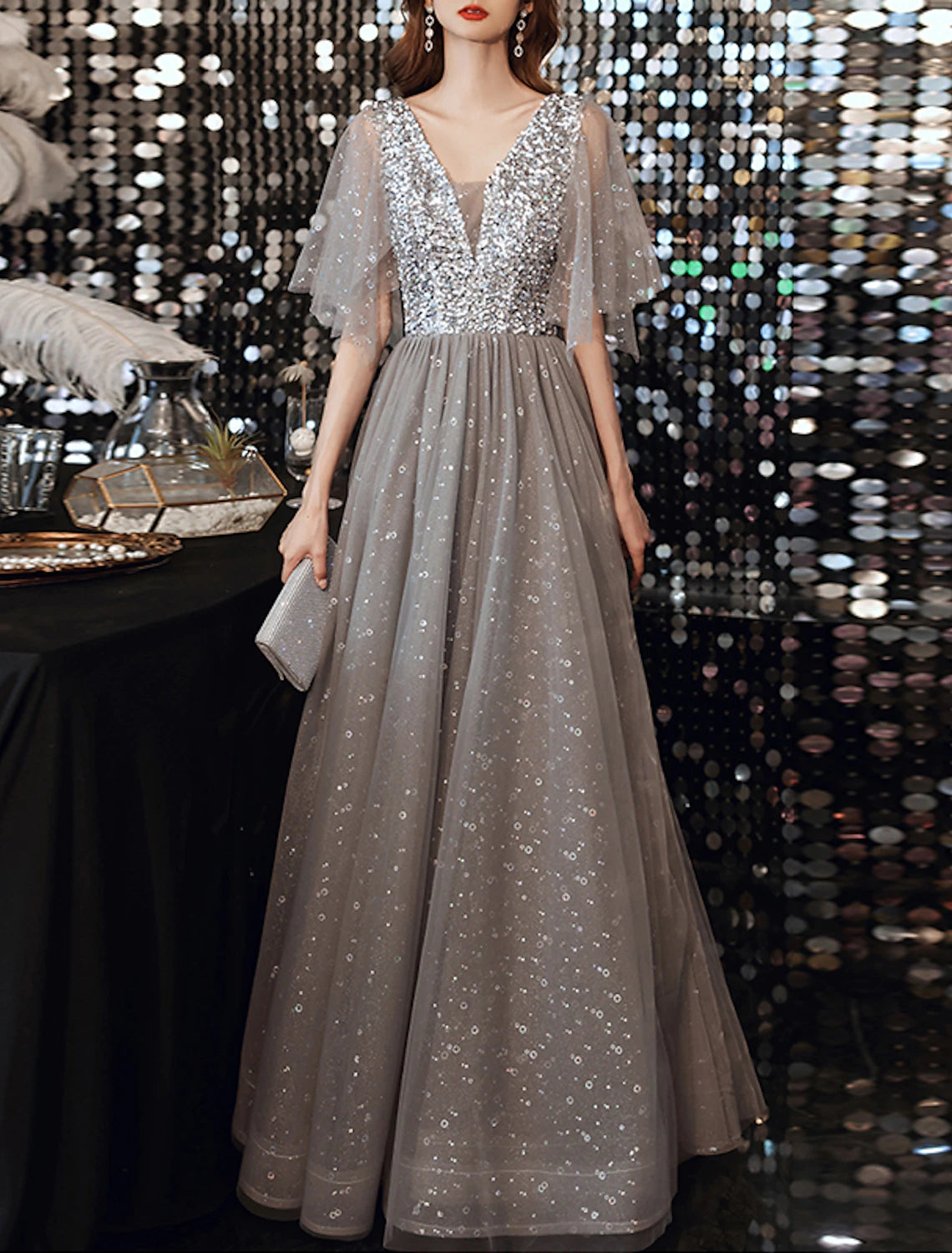 A-Line Evening Gown Sparkle Dress Wedding Guest Formal Evening Floor Length Half Sleeve V Neck Tulle with Sequin Splicing