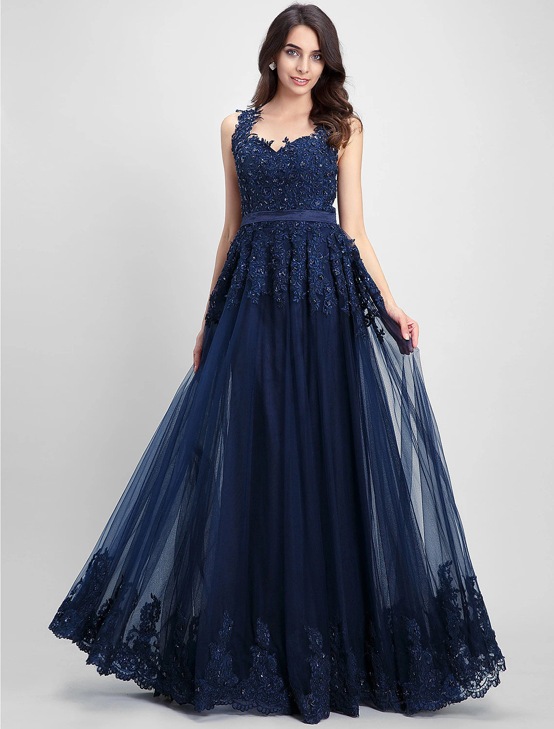 A-Line Dress Prom Formal Evening Floor Length Sleeveless V Neck Tulle with Appliques