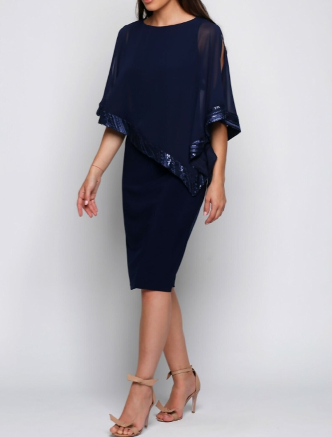 Sheath / Column Elegant Holiday Cocktail Party Dress Jewel Neck Half Sleeve Knee Length Chiffon with Sequin