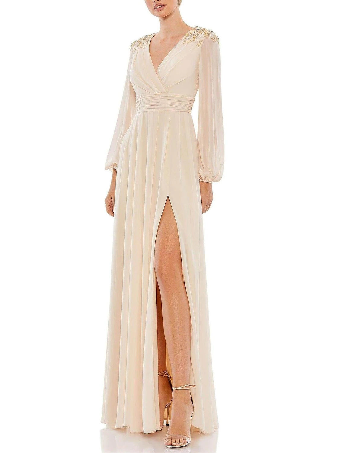 A-Line Mother of the Bride Dress Wedding Guest Vintage Elegant V Neck Knee Length Stretch Chiffon Long Sleeve with Crystals Beading