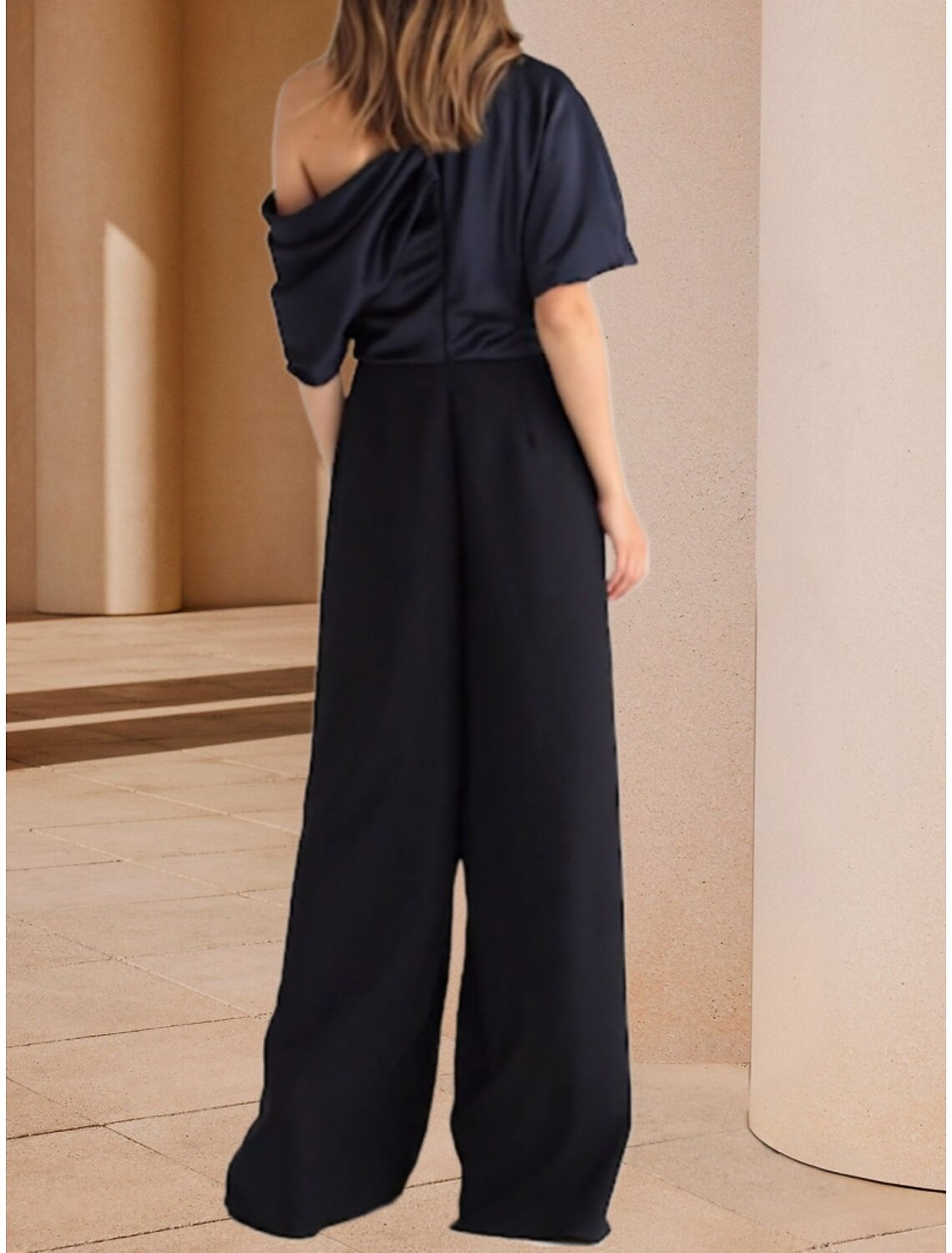 Jumpsuits Mother of the Bride Dress Wedding Guest Elegant Off Shoulder Floor Length Imitated Silk Half Sleeve with Ruching Solid Color