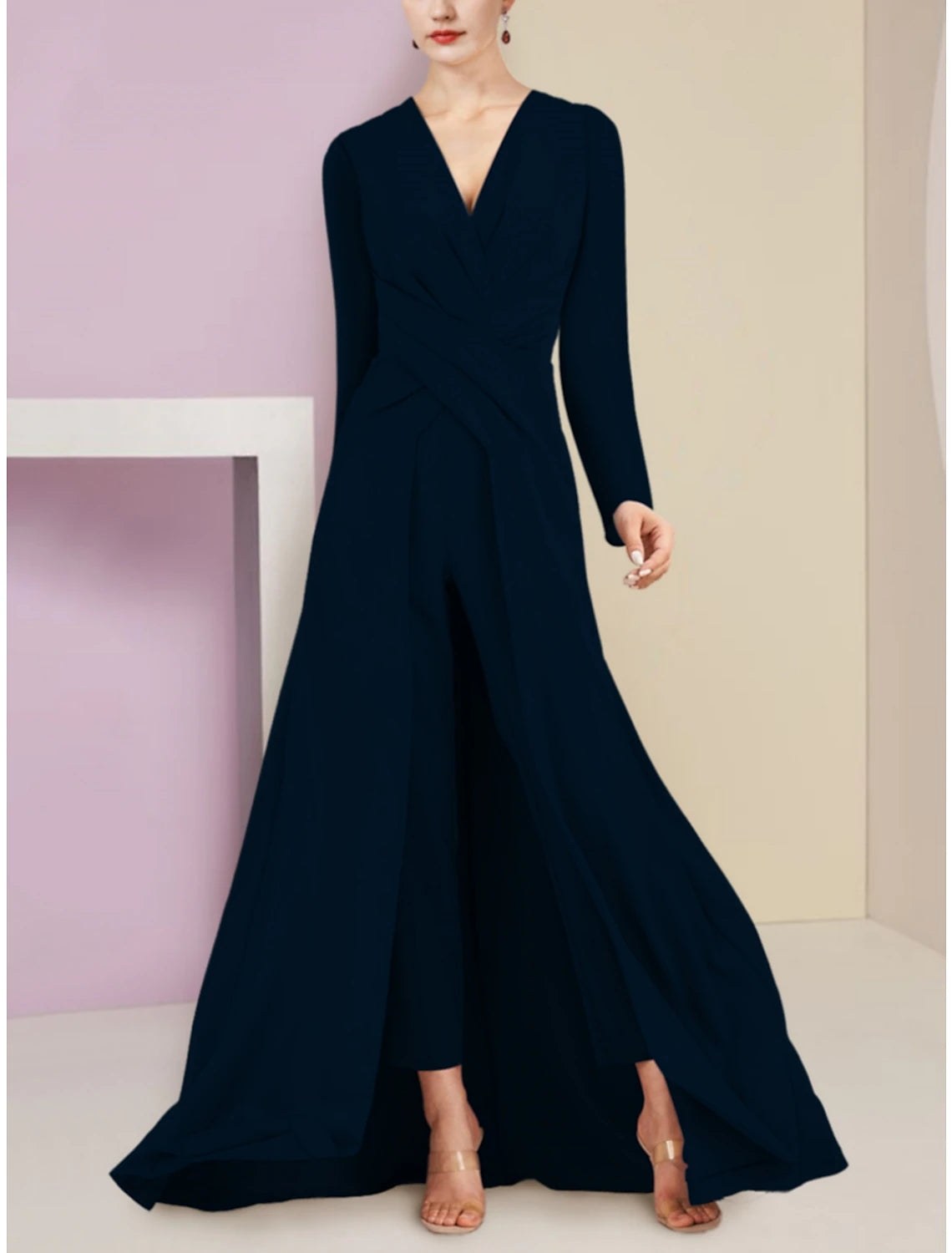 Two Piece A-Line Mother of the Bride Dress Wedding Guest Party Elegant V Neck Sweep / Brush Train Stretch Chiffon Long Sleeve with Ruching Solid Color