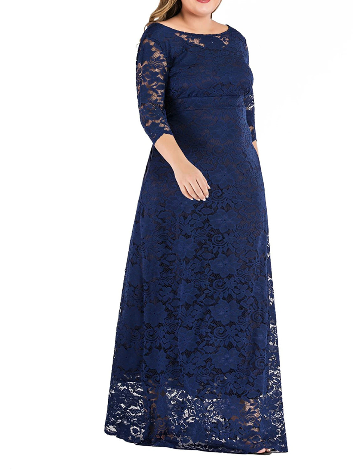 Women's Plus Size Prom Dress Party Dress Lace Dress Long Dress Maxi Dress Black Red Dark Blue 3/4 Length Sleeve Plain Lace Summer Spring Fall Crew Neck Elegant Wedding Guest Birthday Evening Party