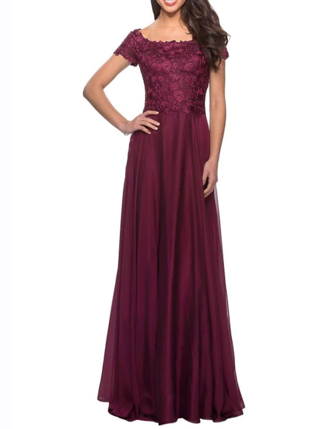 A-Line Mother of the Bride Dress Plus Size Jewel Neck Floor Length Charmeuse Short Sleeve with Appliques Ruching